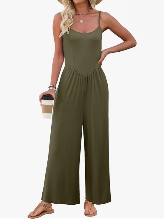 Pants - Army Green/Olive Ribbed Spaghetti Strap wide leg jumpsuit #160